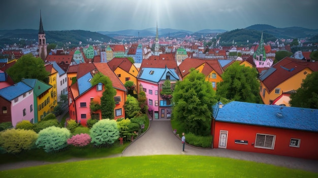 A colorful cityscape with a view of a town and the sun shining on it.