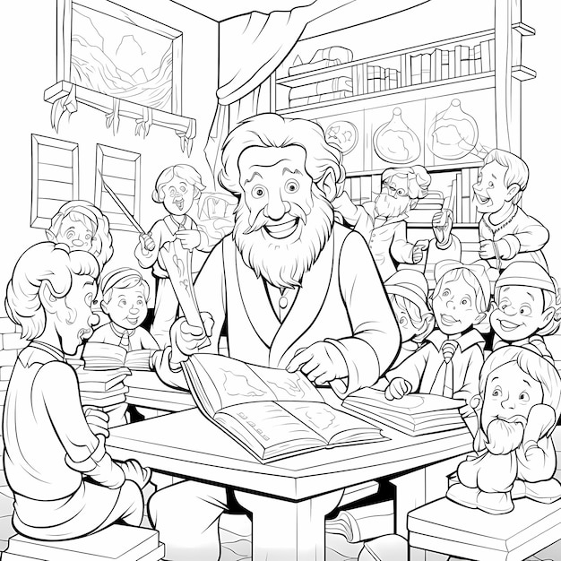 Photo colorful classroom cartoon coloring page of a teacher and students