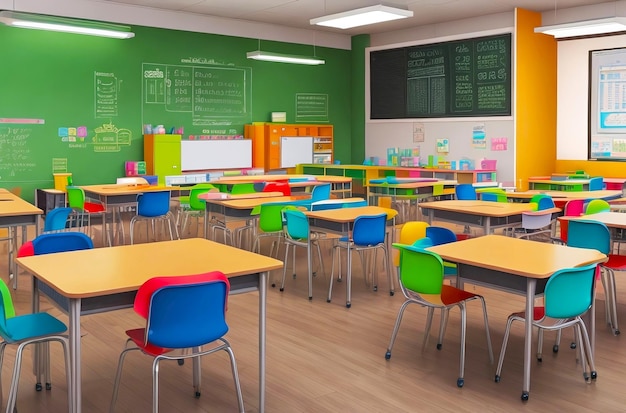Colorful classroom with green chalkboard