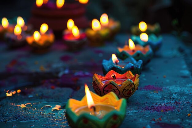 Colorful clay diya lamps illuminate Diwali celebration