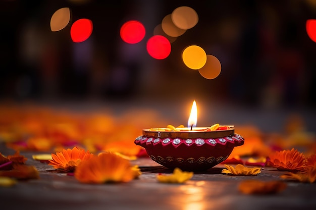 Colorful clay diya lamps lit during diwali celebration