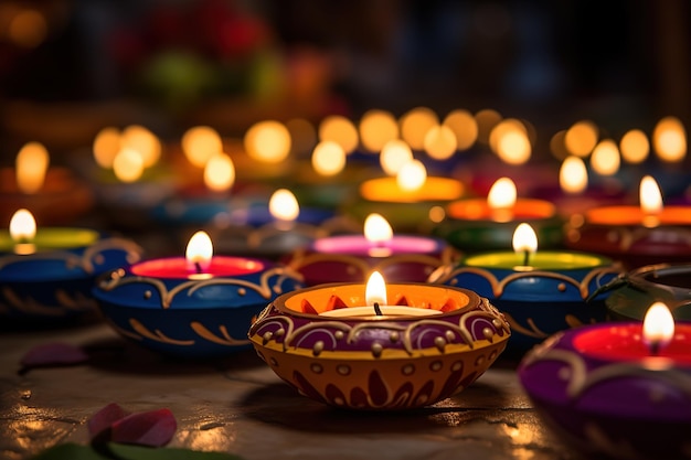 Colorful clay diya lamps lit during diwali celebration