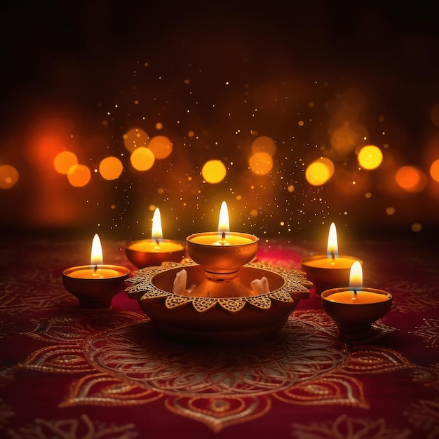 Foto lampade di argilla colorate accese durante la celebrazione di diwali buon diwali