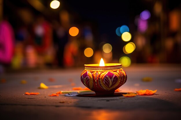 Photo colorful clay diya lamps lit during diwali celebration