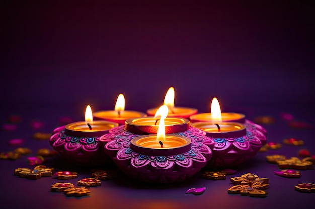 Colorful clay diya lamps lit during hindu festival of lights