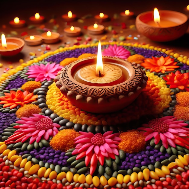 Colorful clay diya lamps with flowers on a purple background Happy Diwali Indian Generative AI