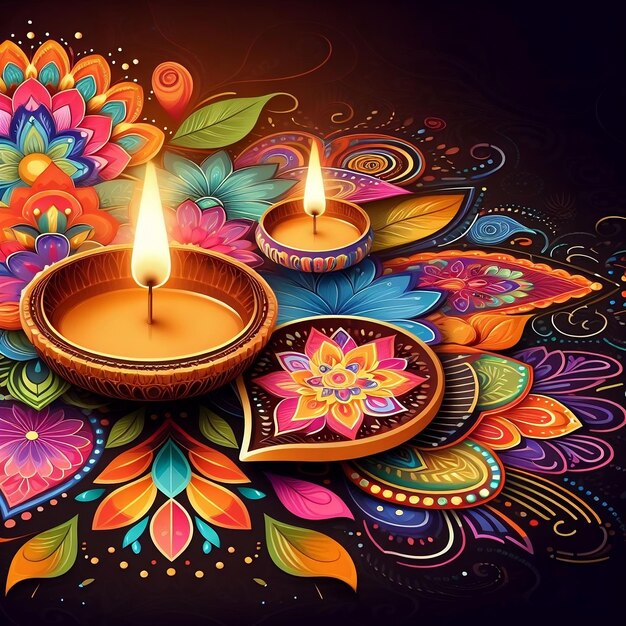 Colorful clay diya lamps with flowers on purple background