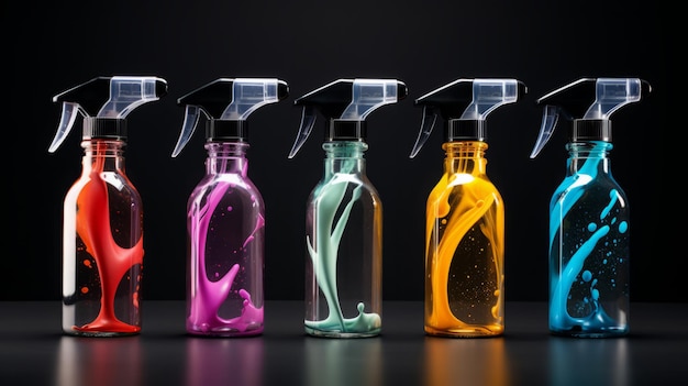 Foto bottiglie spray colorate per la pulizia su sfondo nero