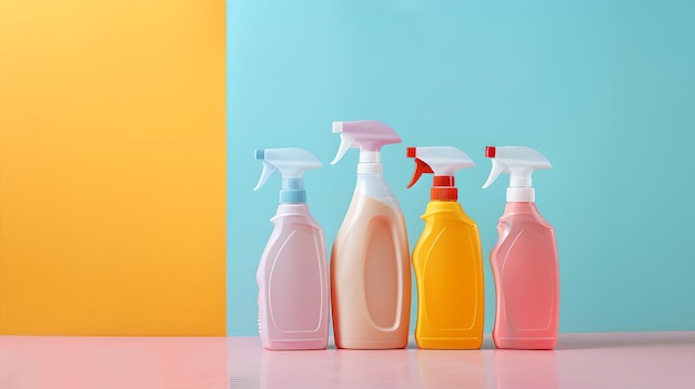 Photo colorful cleaning supplies on a pastel background home care and hygiene bright clean minimalist setup reflecting daily chores ai