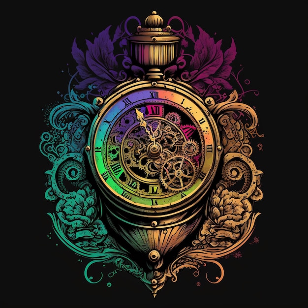 A colorful clock with a clock face and the words time is 10 : 10