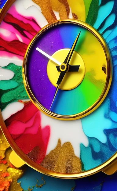 A colorful clock with the time of 9 : 15.