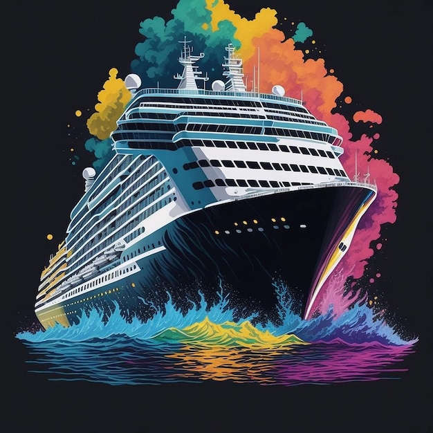 Colorful close up cruise ship in water illustration on black background