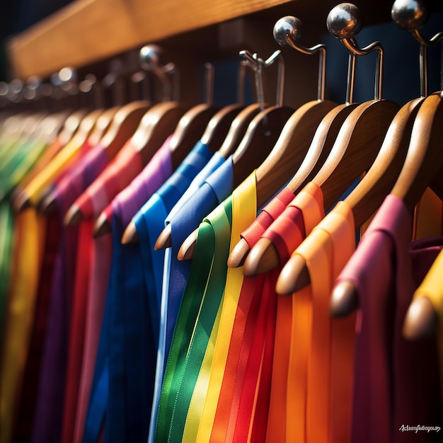 Colorful Closet Ties on Wooden Hangers