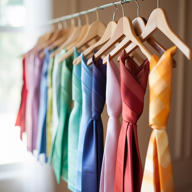 Colorful Closet Ties on Wooden Hangers