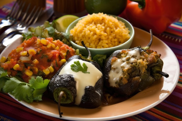 Colorful closeup of Chiles Rellenos stuffed with a mix of sauteed vegetables and cheese