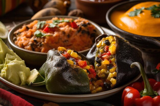 Photo colorful closeup of chiles rellenos stuffed with a mix of sauteed vegetables and cheese