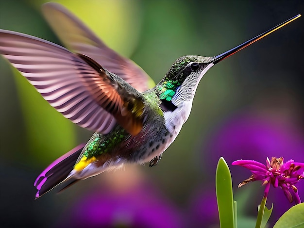 飛んでいるハチドリの自然の美しさのカラフルなクローズ アップ ショット