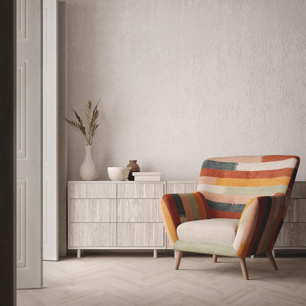 Photo colorful cloth armchair with drawer in white grunge room