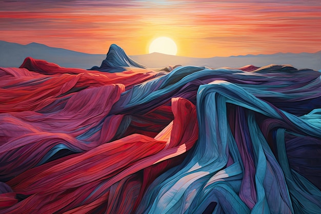 Colorful cloth weaved abstract painting over a sunset background with dreamlike realism and flowing draperies Perfect for decor Generative AI