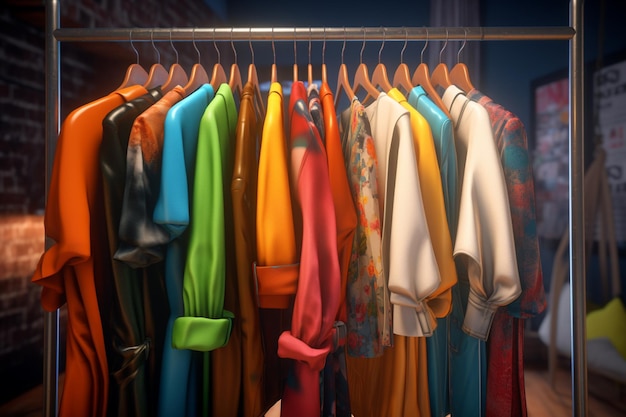 Colorful clothes on a clothing rack creating a lively shopping or bedroom scene