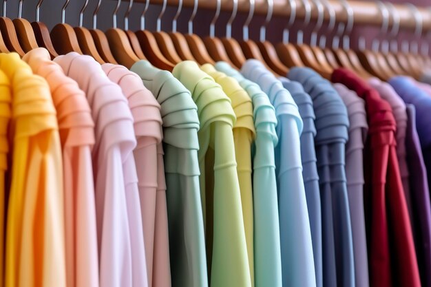 Colorful clothes on a clothing rack pastel colorful closet in a shopping store or bedroom rainbow color clothes choice on hangers home wardrobe concept image AI Generative