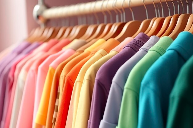 Colorful clothes on a clothing rack pastel colorful closet in a shopping store or bedroom rainbow color clothes choice on hangers home wardrobe concept image AI Generative