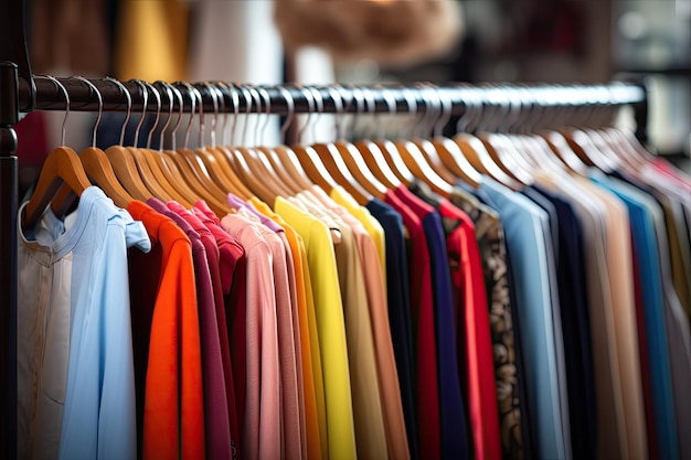 Colorful clothes on hangers in a fashion store Shallow depth of field Clothing on hangers in a fashion store Shallow depth of field AI Generated