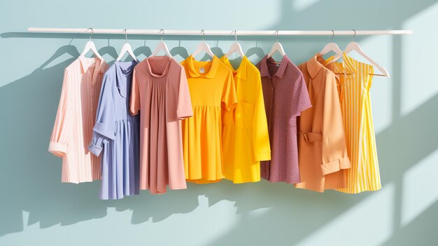 白い壁に対するラックのカラフルな服のハンガー