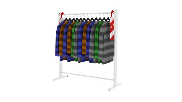 colorful clothes hanging on a rack in neutral beige colors. 3d rendering, store, clothing shop,