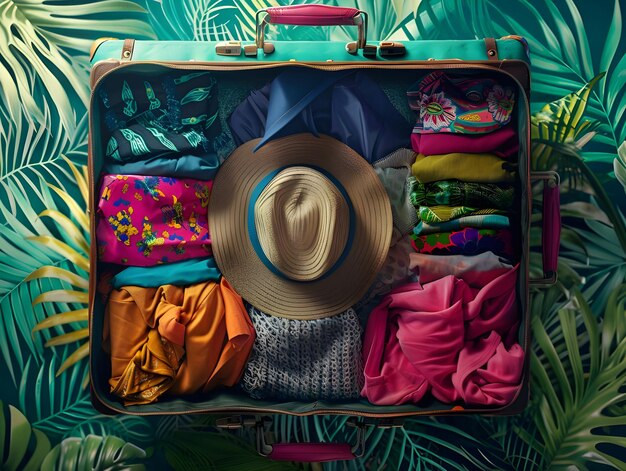 Colorful clothes and hat in open suitcase Ai Generated