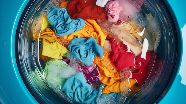 Красочная одежда в стиральной машине, концепция уборки чистой одежды