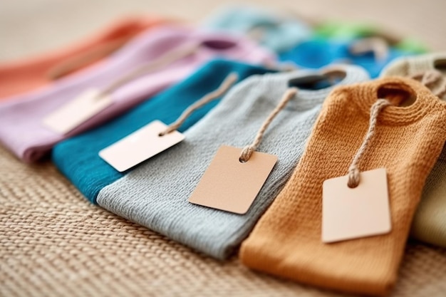 Colorful clothes with tags on burlap background closeup