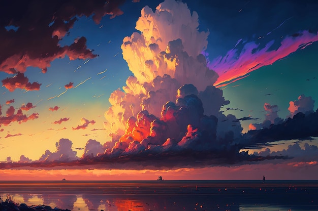 Colorful clouds in a cloudscape near the seashore at sunset