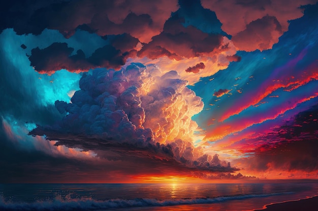 Colorful clouds in a cloudscape at sunset close to the ocean