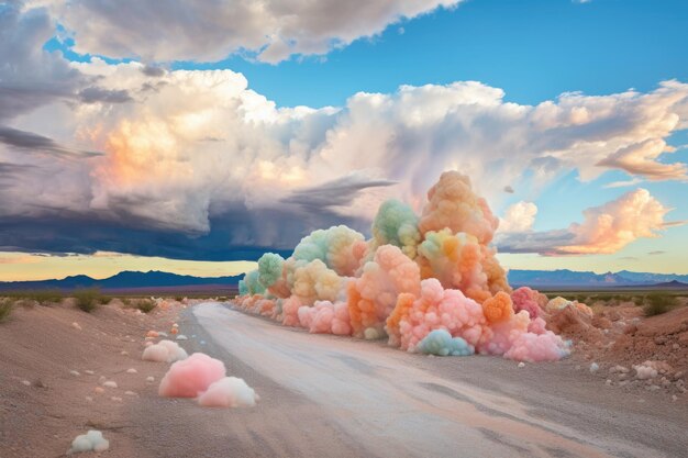 Colorful clouds descending upon a desert created with generative ai