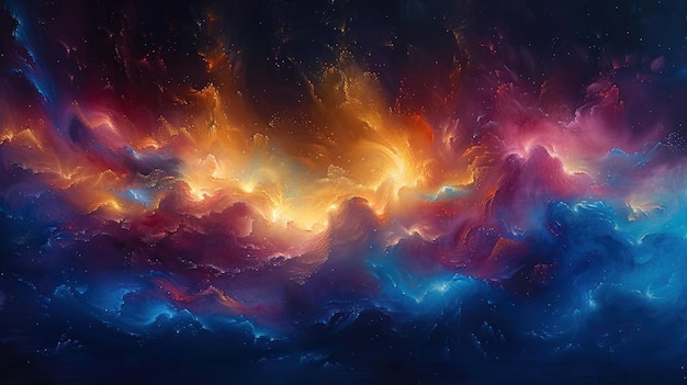 Colorful clouds fill the sky in a vibrant painting