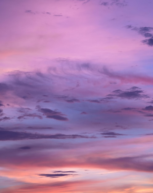 핑크 블루와 오렌지의 그라데이션 색상으로 일몰에 다채로운 흐린 하늘