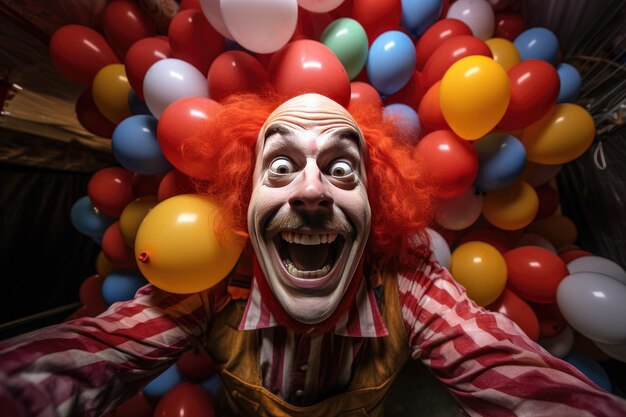 Foto illustrazione di un clown felice che gioca con i palloncini a una festa di compleanno per bambini