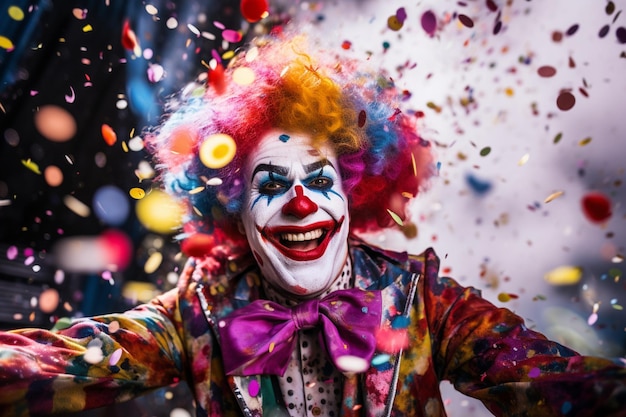 Colorful Clown with Confetti on Stage in Social Media Style