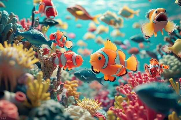 활기찬 산호초 가운데 다채로운 조롱거리 물고기 와 작은 물고기 들 이 조용 한 수중 풍경 에