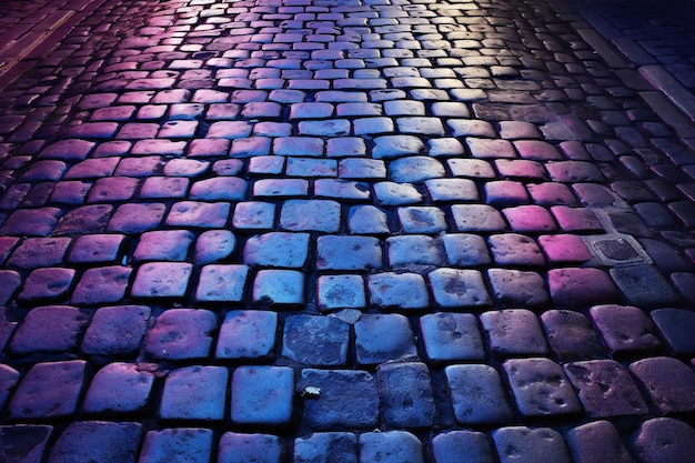 Colorful cobblestone road in the city at night Toned