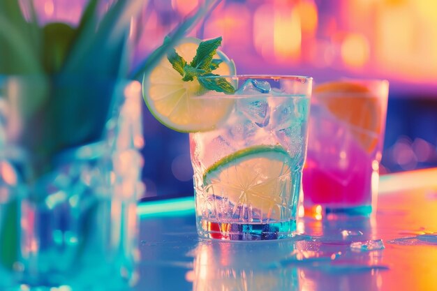 Colorful cocktail on bar counter with blurred background