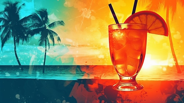 A colorful cocktail on a beach with a palm tree in the background