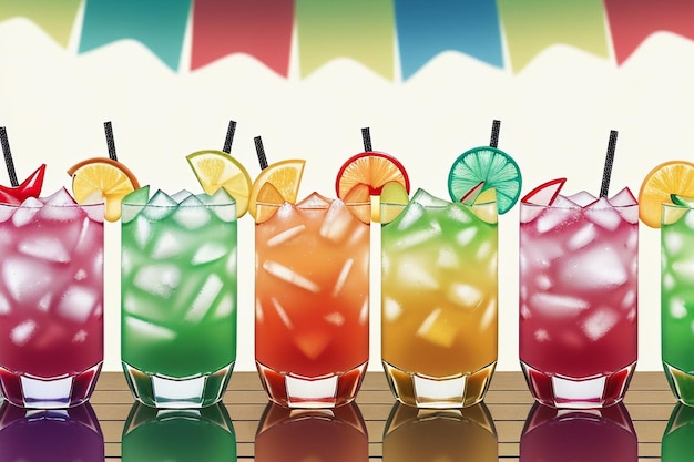 colorful cocktail drinks on a line on a table panorama ai generative