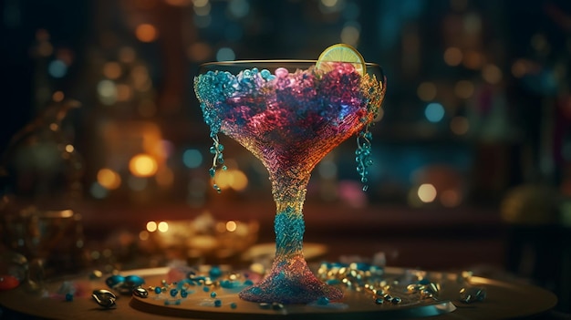 A colorful cocktail glass with a green ball in the middle