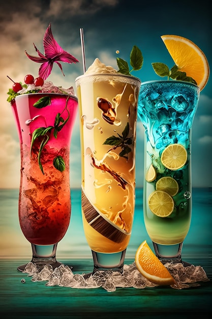 A colorful cocktail with a bunch of different drinks on a table.