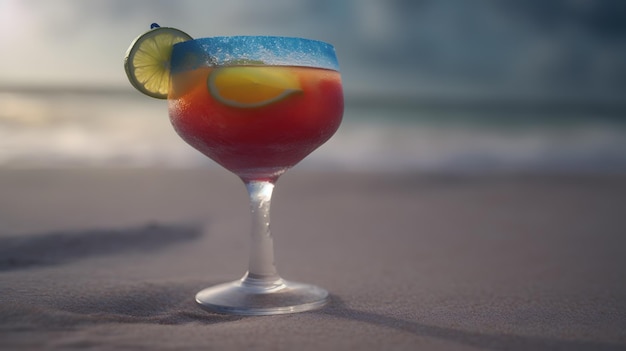 A colorful cocktail with a lime wedge on the rim