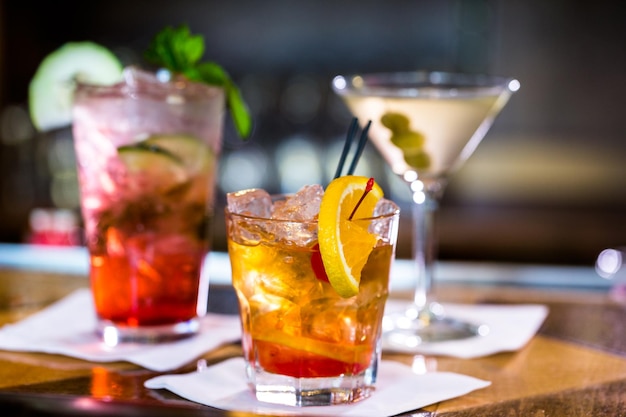 Colorful cocktails on the bar table in restaurant.