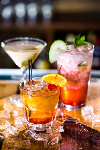 Colorful cocktails on the bar table in restaurant.