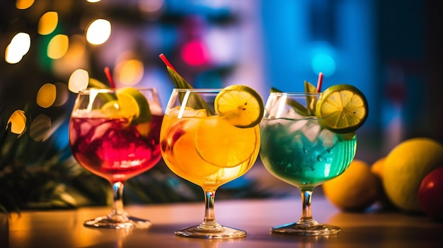 Colorful cocktails on a bar with a christmas tree in the background